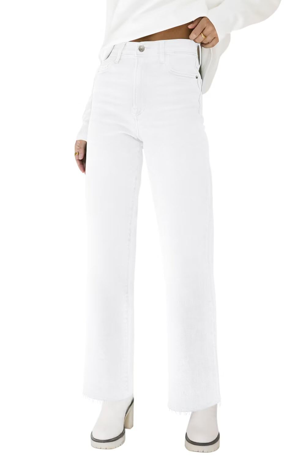 KDF Straight Leg Jeans for Women High Waisted Frayed Baggy Pants Stretchy Cropped Wide Leg Jeans
