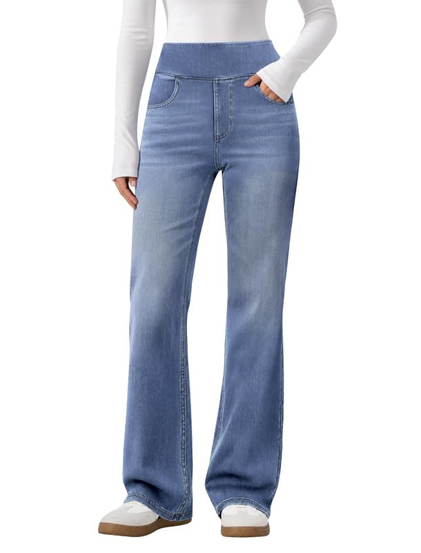 DLOODA Trendy Flare Jeans for Women Pull On Bootcut Stretchy Denim Pants