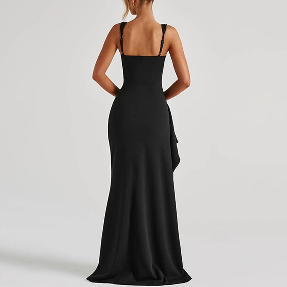 ABYOVRT Women Formal Dresses Sleeveless Bodycon Ruched High Slit Sexy Maxi Dress Cocktail Prom