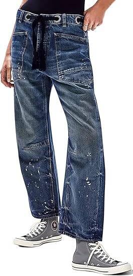 Mewunan Womens Pull-On Barrel Jeans Mid-Low Rise Boyfriend Drawstring Ankle Baggy Elastic Waist Stretchy Boho Denim Pants