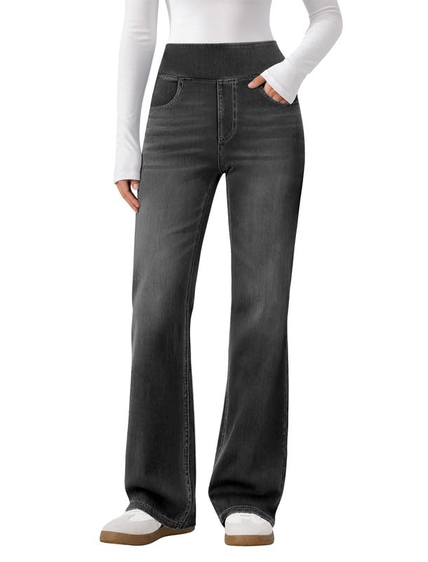 DLOODA Trendy Flare Jeans for Women Pull On Bootcut Stretchy Denim Pants