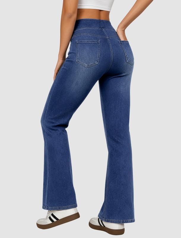 DLOODA Trendy Flare Jeans for Women Pull On Bootcut Stretchy Denim Pants
