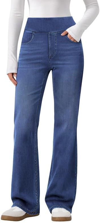 DLOODA Trendy Flare Jeans for Women Pull On Bootcut Stretchy Denim Pants