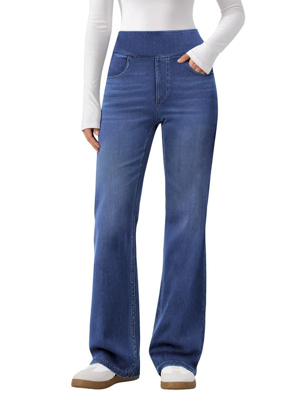 DLOODA Trendy Flare Jeans for Women Pull On Bootcut Stretchy Denim Pants