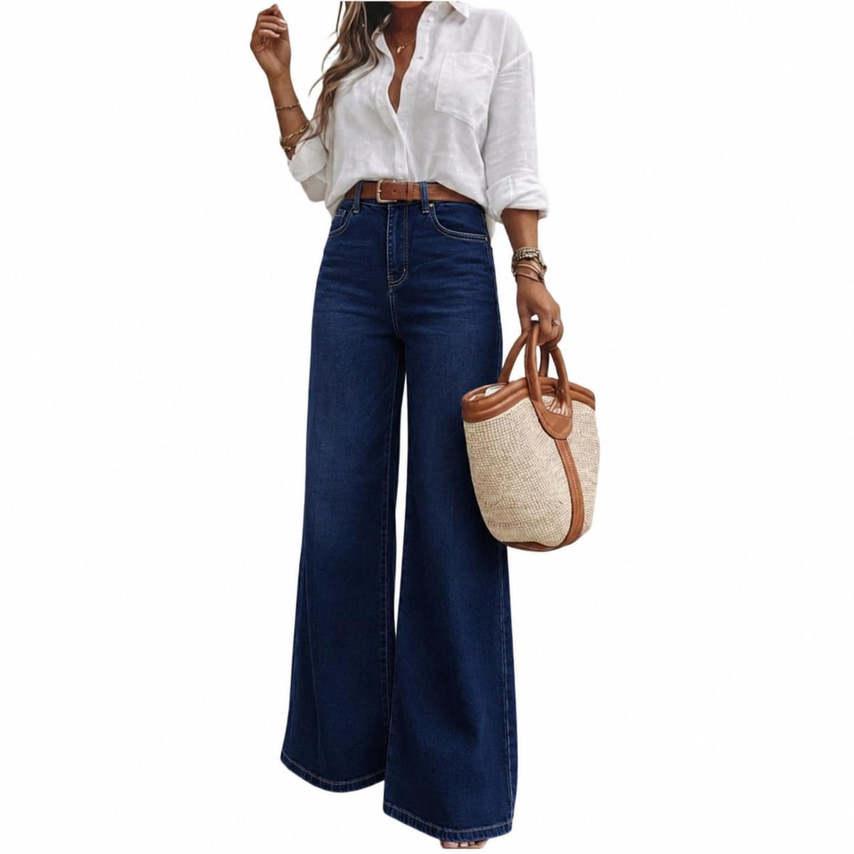 Women's High Waisted Wide Leg Jeans Classic 5-Pocket Dark Wash Long Bootcut Denim Pants for Casual Office Work