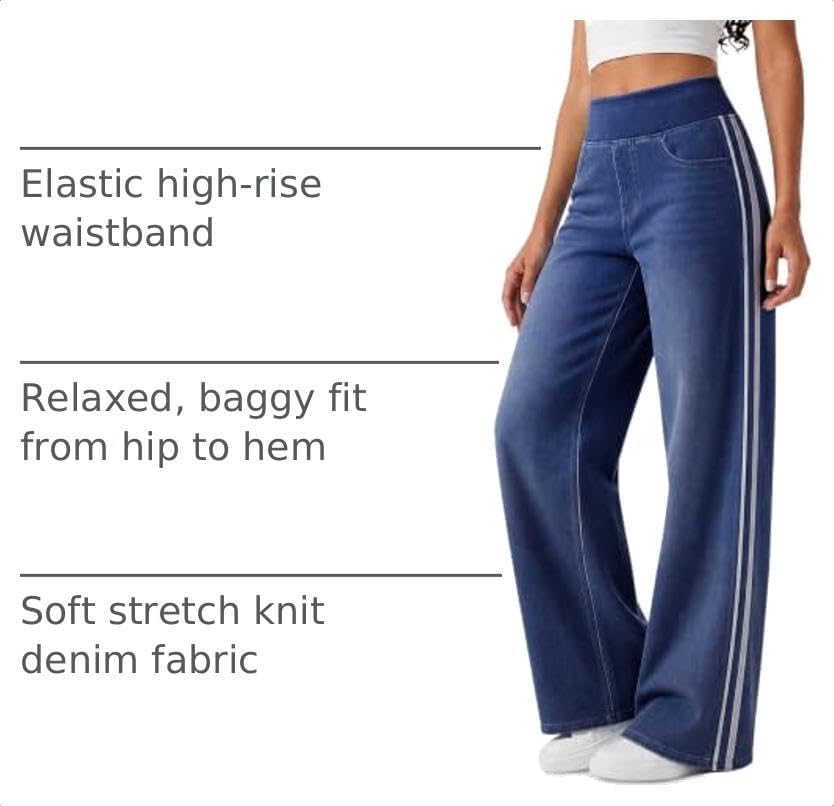Cicy Bell Womens Pull On Jeans Wide Leg Stretchy Side Striped Denim Pants