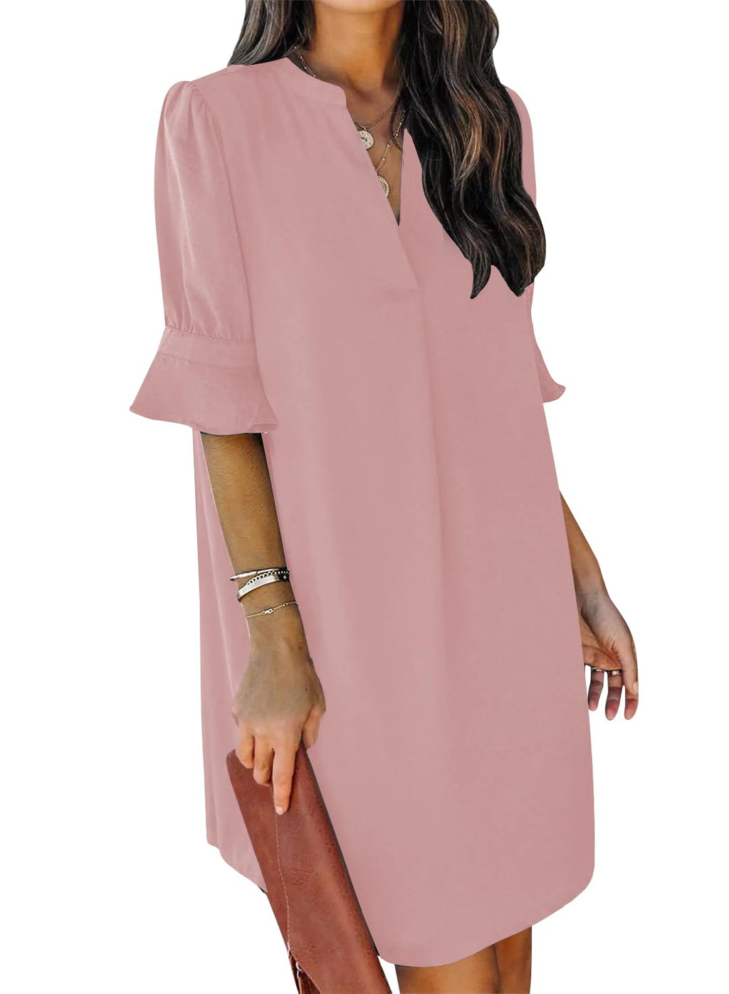 QACOHU Summer Dresses for Women V Neck Ruffle Short Sleeve Shift Dress