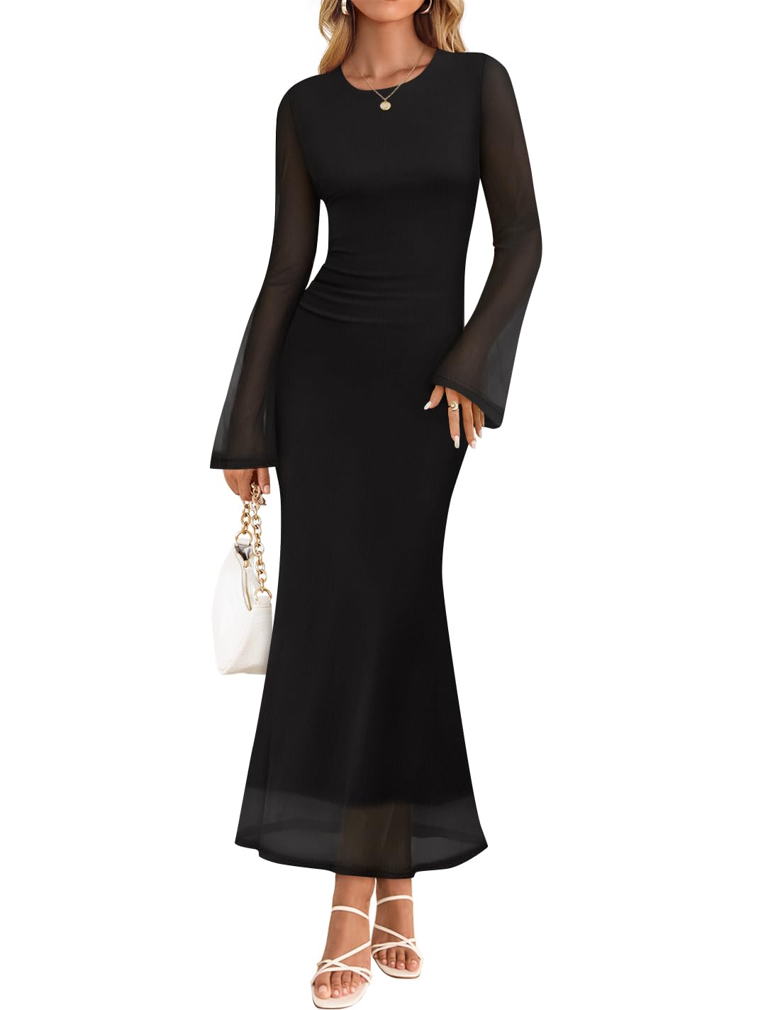 ZESICA Womens Long Sleeve Floral Fall Bodycon Ruched Mesh Maxi Formal Dress