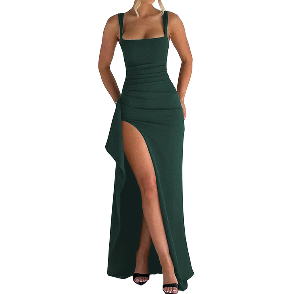 ABYOVRT Women Formal Dresses Sleeveless Bodycon Ruched High Slit Sexy Maxi Dress Cocktail Prom