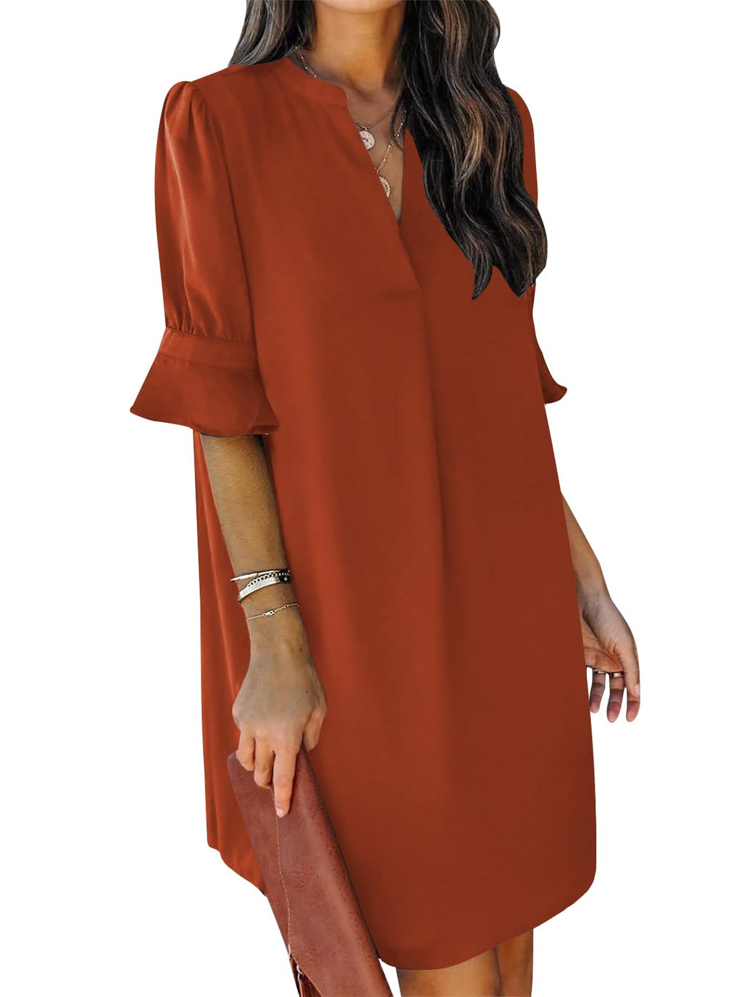 QACOHU Summer Dresses for Women V Neck Ruffle Short Sleeve Shift Dress
