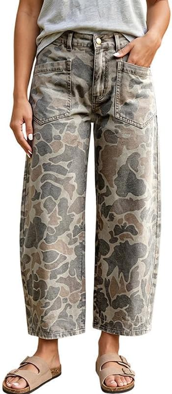 yoeasy Womens Camo Print Wide Leg Jeans Vintage Casual Barrel Denim Pants