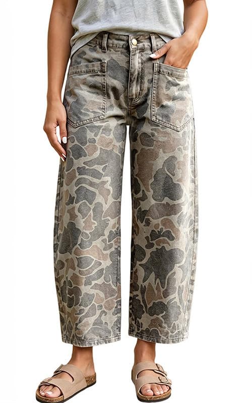 yoeasy Womens Camo Print Wide Leg Jeans Vintage Casual Barrel Denim Pants
