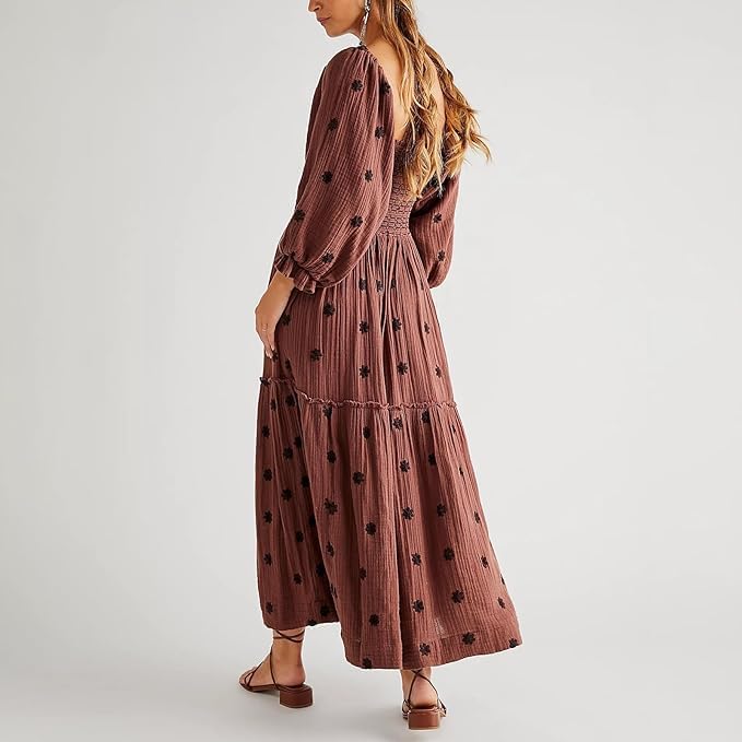 ABYOVRT Women Floral Embroidered Maxi Dress Long Puff Sleeve Square Neck Bohemian Flowy Dress with Pockets Summer Fall