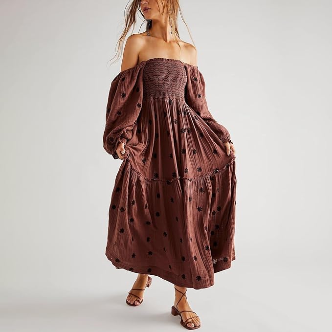 ABYOVRT Women Floral Embroidered Maxi Dress Long Puff Sleeve Square Neck Bohemian Flowy Dress with Pockets Summer Fall