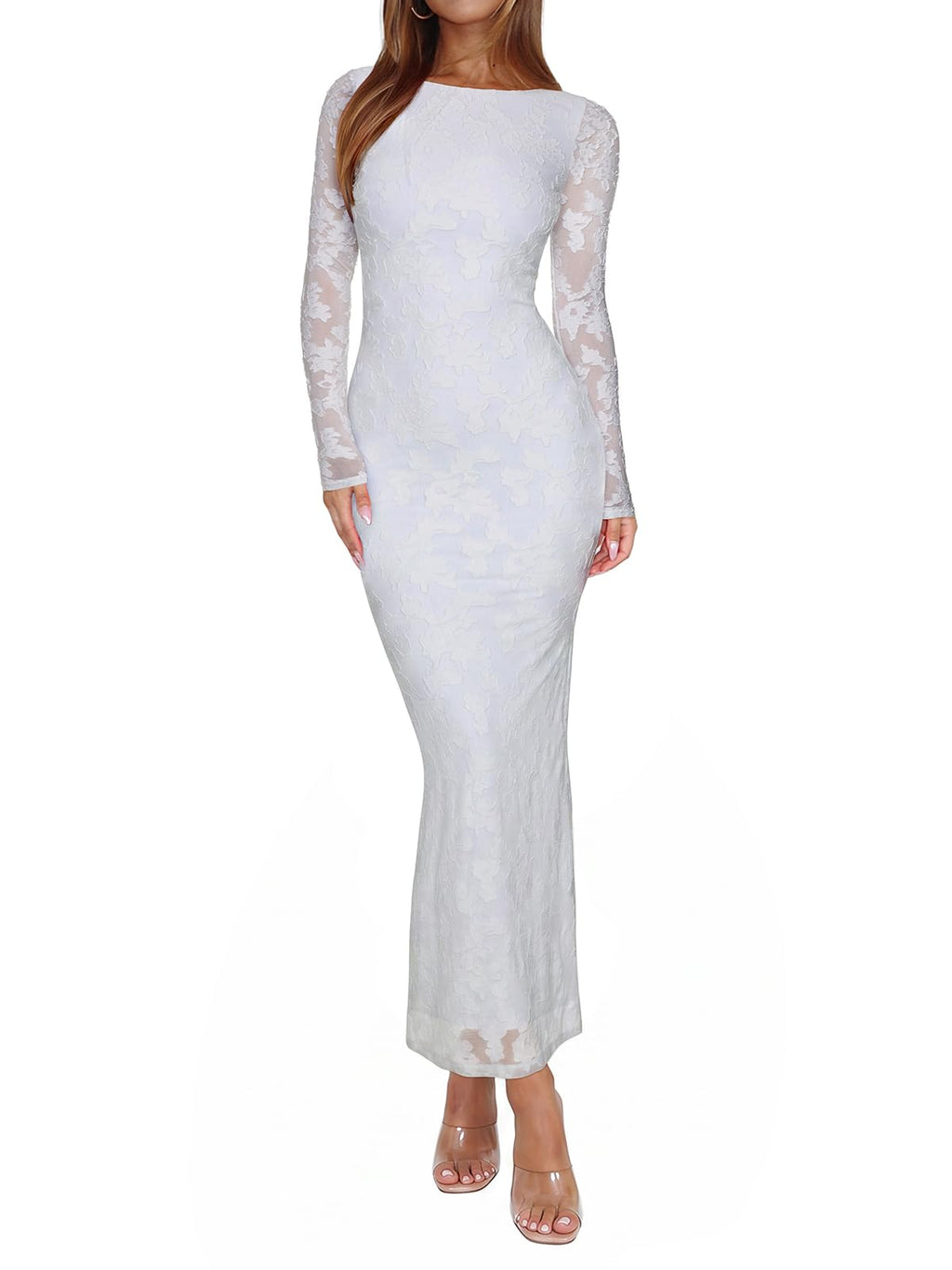 REORIA Women's Fall Mesh Sheer Long Sleeve Wedding Guest Dress Sexy Floral Bodycon Maxi Long Dresses