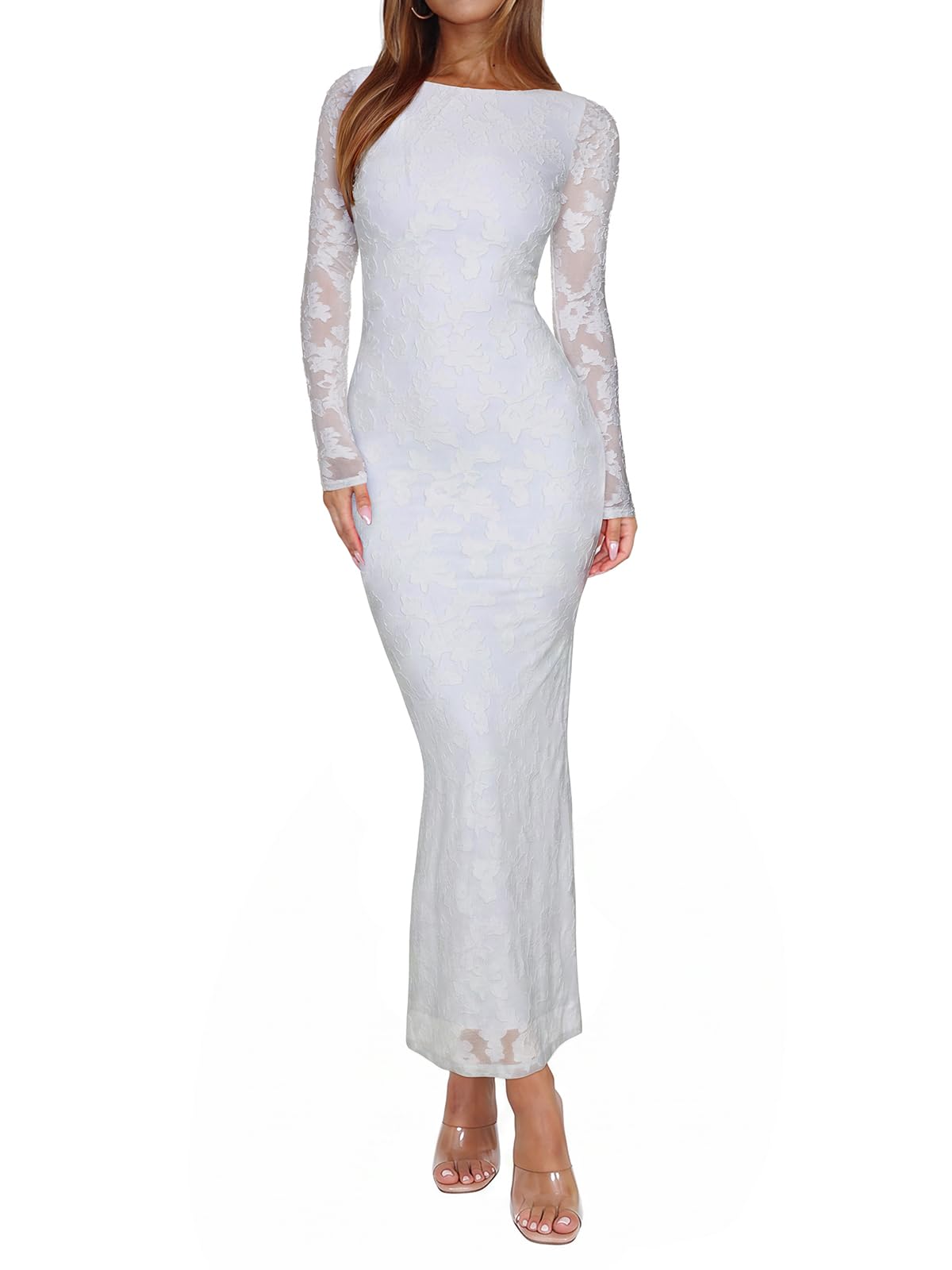 REORIA Women's Fall Mesh Sheer Long Sleeve Wedding Guest Dress Sexy Floral Bodycon Maxi Long Dresses