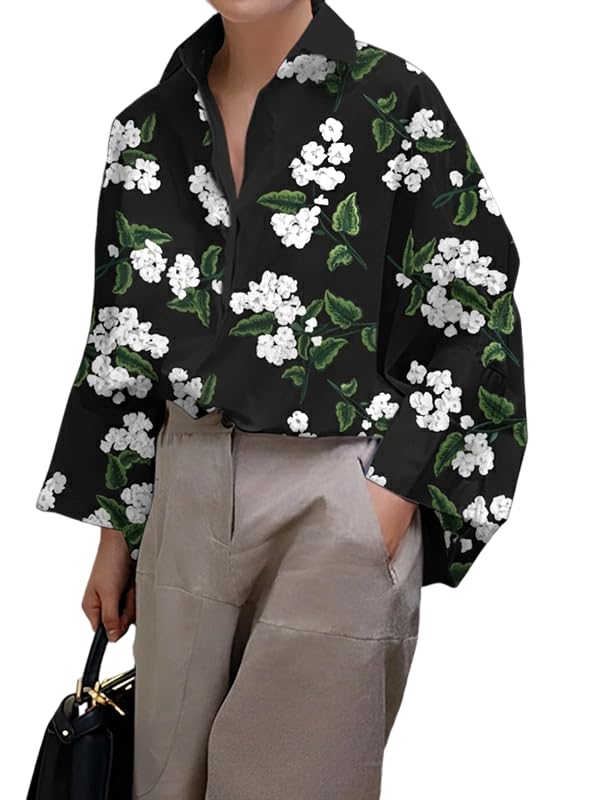 UOOZEE Womens Button Down Shirt Casual 3/4 Sleeve Loose Fit Collared Work Blouse Tops