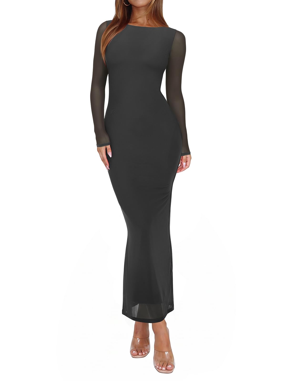REORIA Women's Fall Mesh Sheer Long Sleeve Wedding Guest Dress Sexy Floral Bodycon Maxi Long Dresses