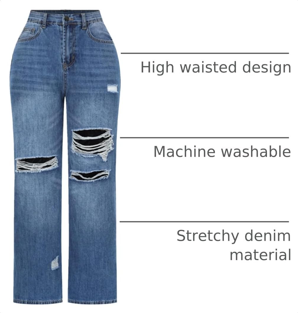 THUNDER STAR Womens High Waisted Wide Leg Jeans Stretchy Distressed Denim Pants