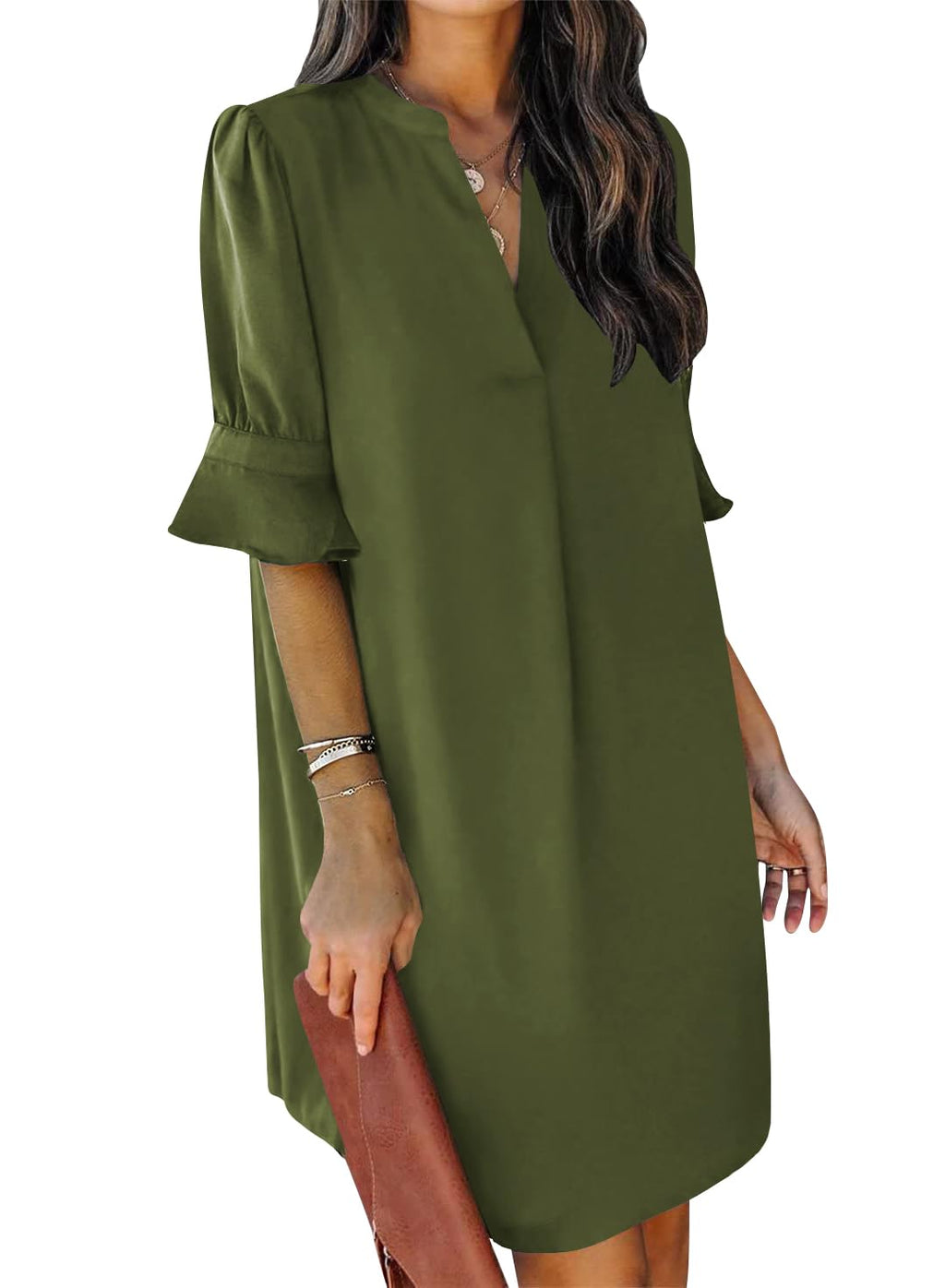 QACOHU Summer Dresses for Women V Neck Ruffle Short Sleeve Shift Dress