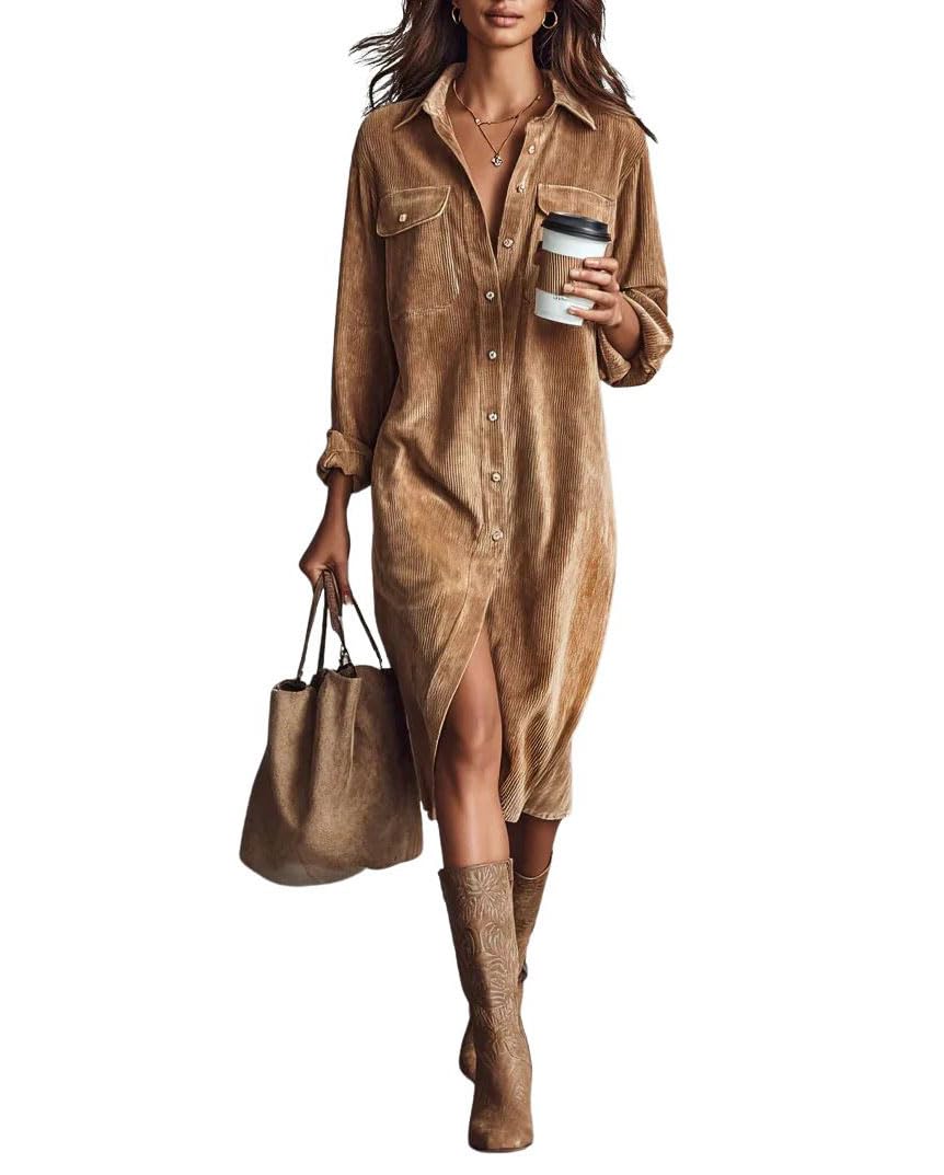 chouyatou Women's Fall Corduroy Button Down Shirt Dress Casual Lapel a Line Pleated Tunic Shift Midi Long Dress