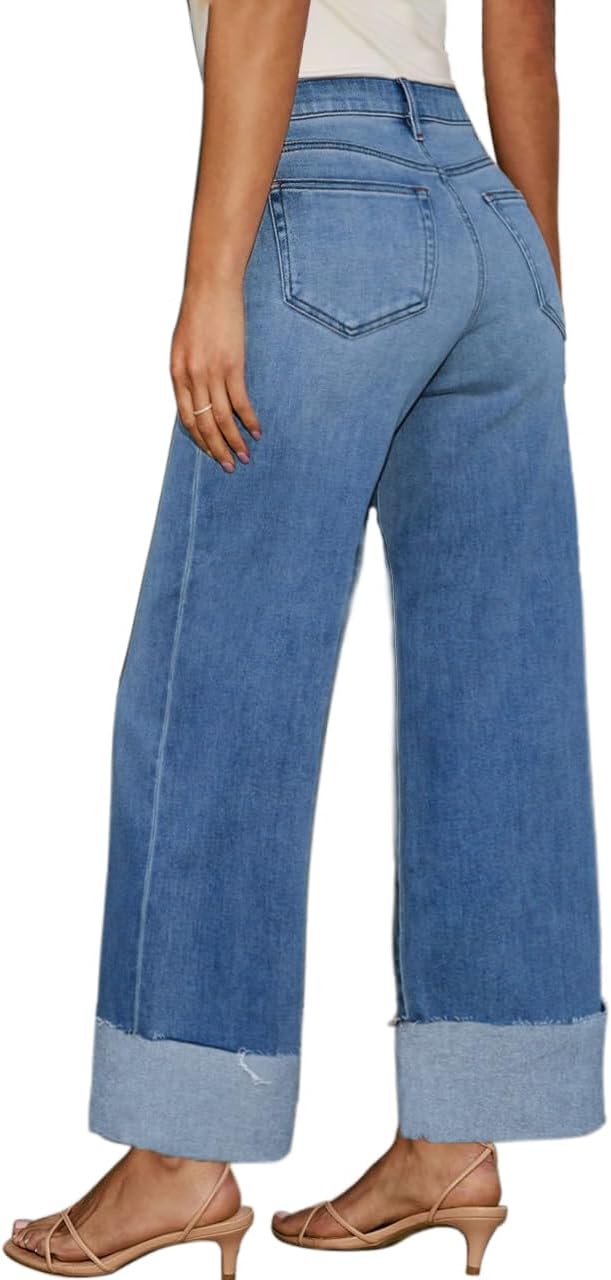 High Waisted Wide Leg Cuffed Jeans for Women Frayed Raw Hem 2026