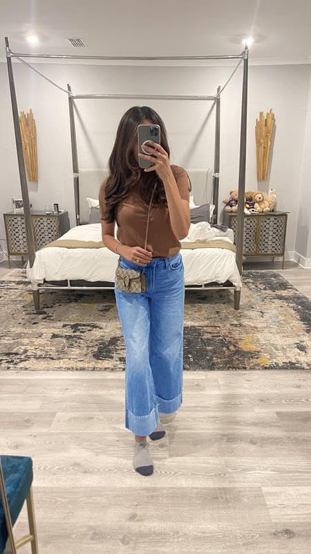 High Waisted Wide Leg Cuffed Jeans for Women Frayed Raw Hem 2026