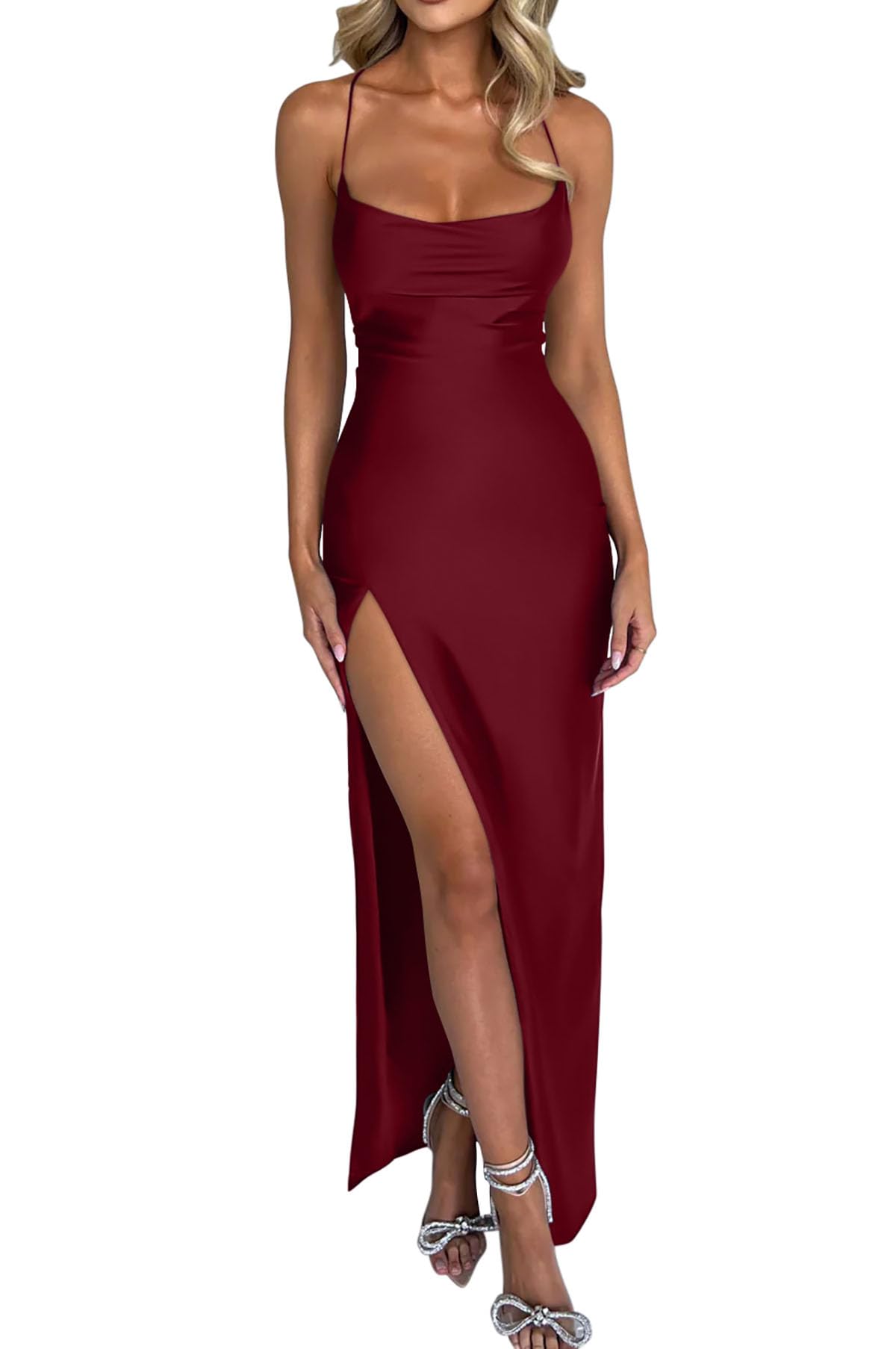 Memoriesea Women's Sexy Spaghetti Strap Bodycon Cowl Neck Party Cocktail Maxi Dress