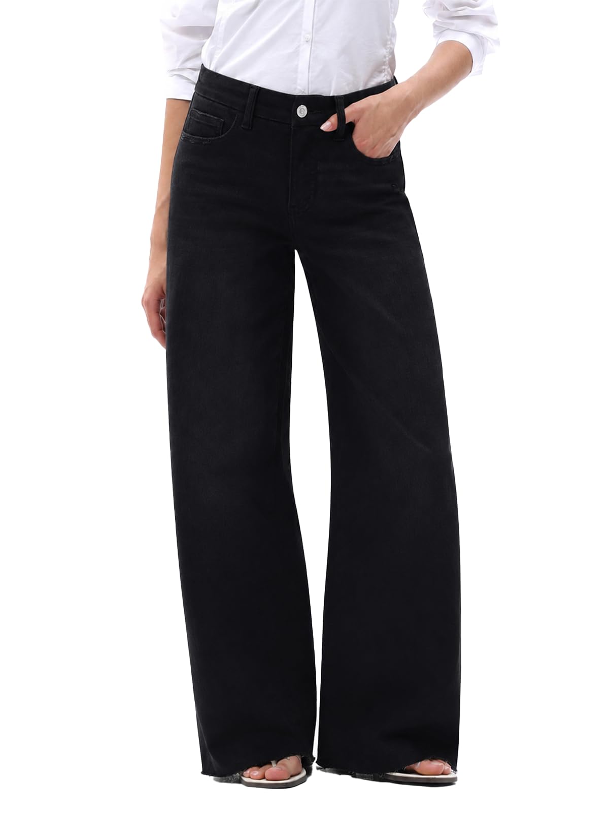 ONESO Women's Wide Leg Jeans Mid Rise High Stretch Denim Pants Raw Hem