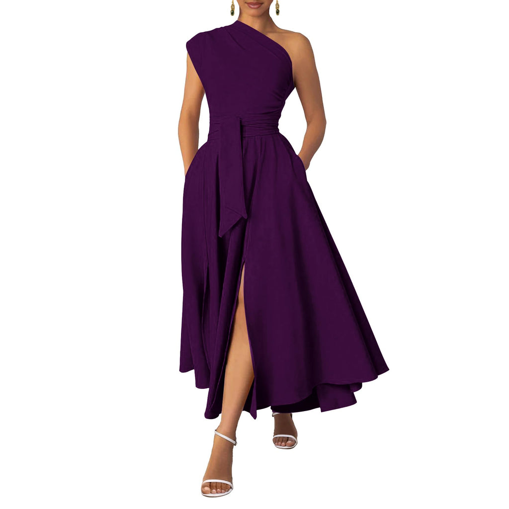 Ekaliy Women's One Shoulder Belted Maxi Dress Formal Wedding Guest Dress