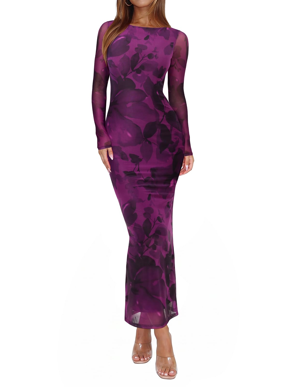 REORIA Women's Fall Mesh Sheer Long Sleeve Wedding Guest Dress Sexy Floral Bodycon Maxi Long Dresses