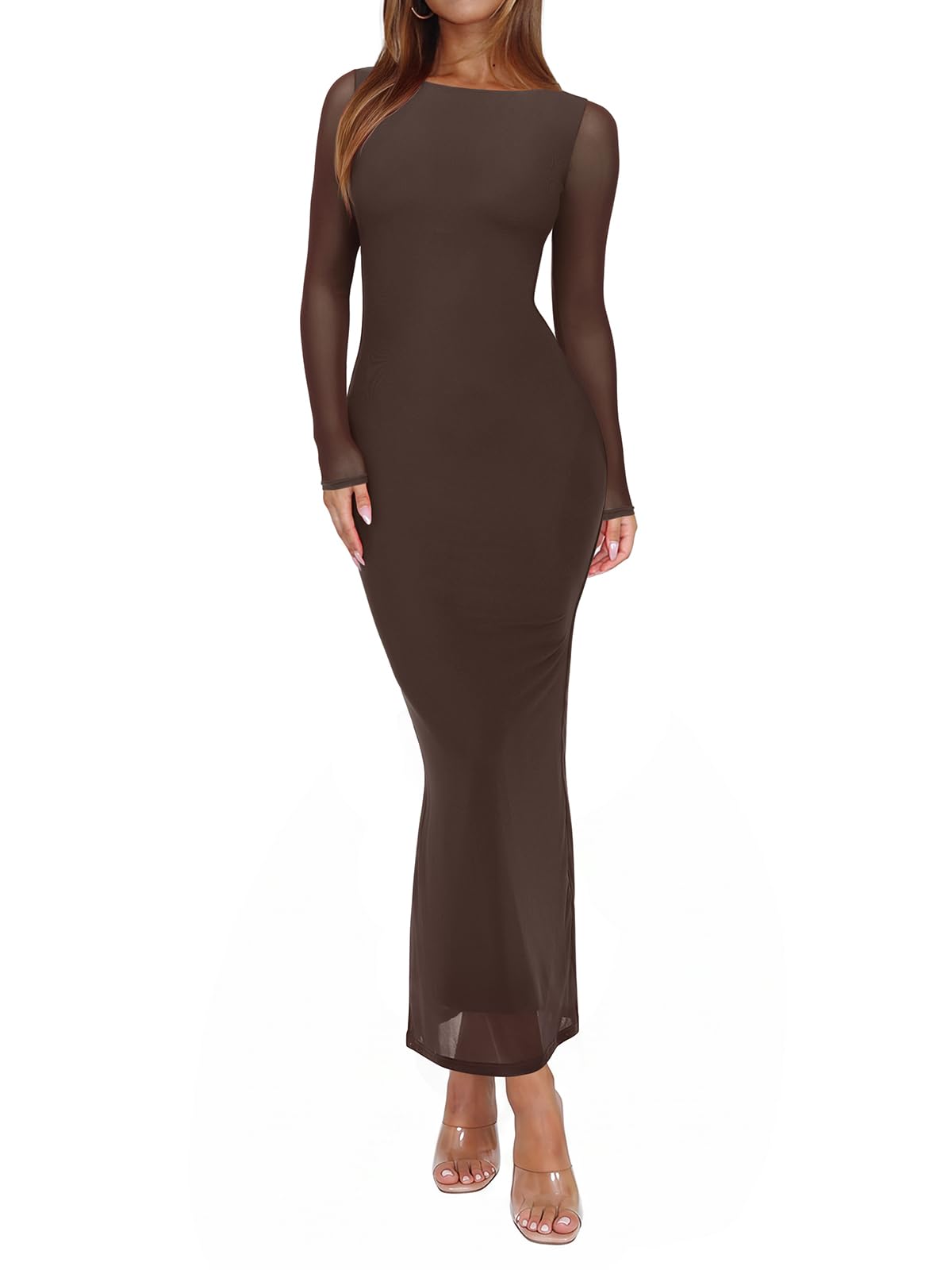 REORIA Women's Fall Mesh Sheer Long Sleeve Wedding Guest Dress Sexy Floral Bodycon Maxi Long Dresses