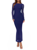 REORIA Women's Fall Mesh Sheer Long Sleeve Wedding Guest Dress Sexy Floral Bodycon Maxi Long Dresses