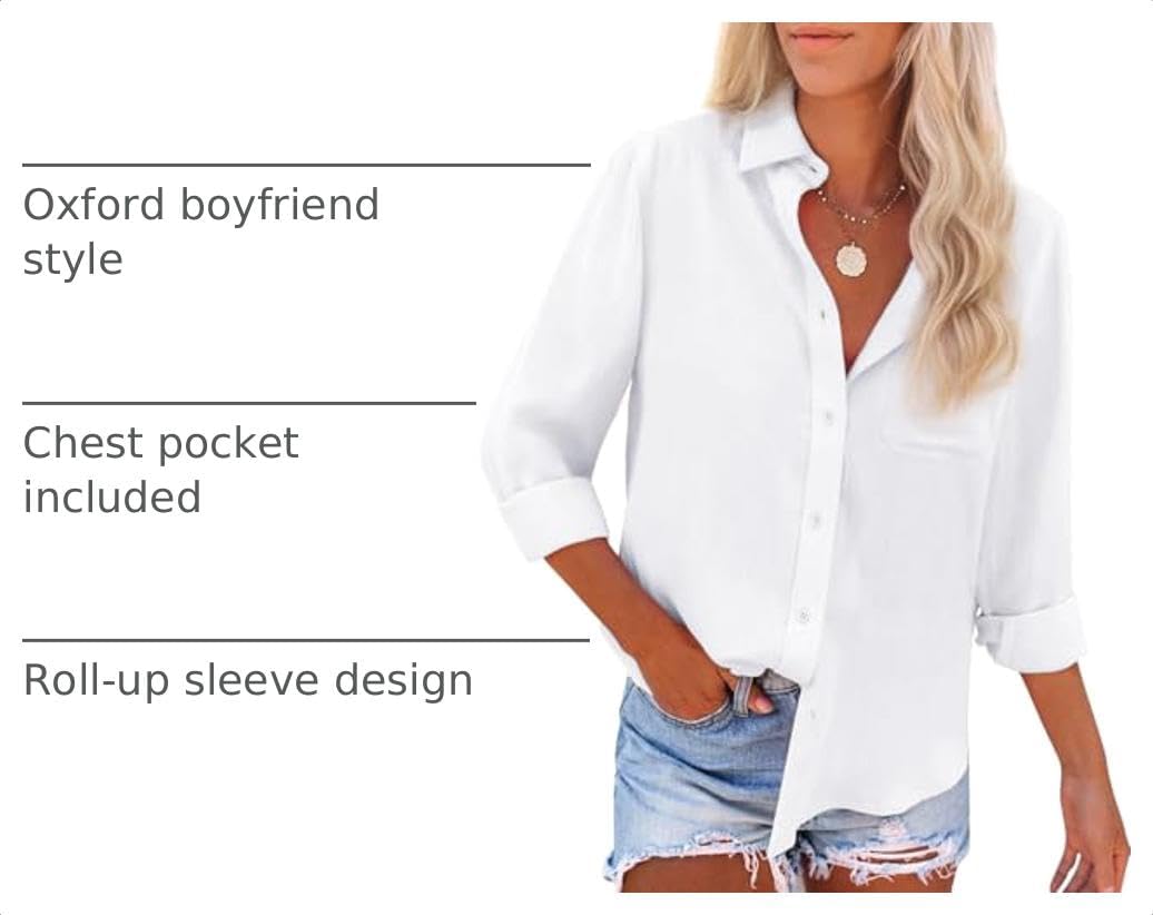 Womens Button Down Shirts Cotton Dress Shirts Oxford Shirts Long Sleeve Work Blouses Collared Tops Tunics with Pocket
