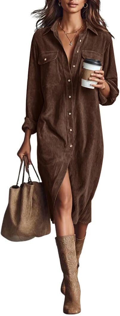 chouyatou Women's Fall Corduroy Button Down Shirt Dress Casual Lapel a Line Pleated Tunic Shift Midi Long Dress