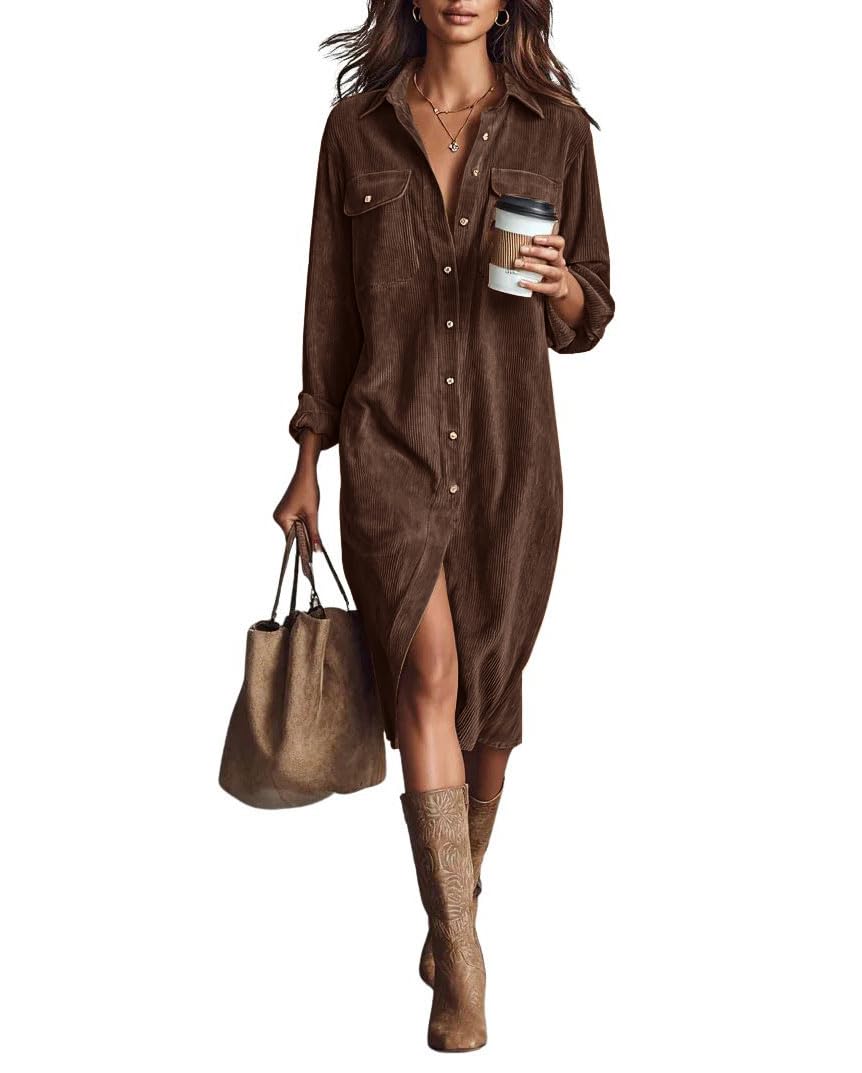 chouyatou Women's Fall Corduroy Button Down Shirt Dress Casual Lapel a Line Pleated Tunic Shift Midi Long Dress