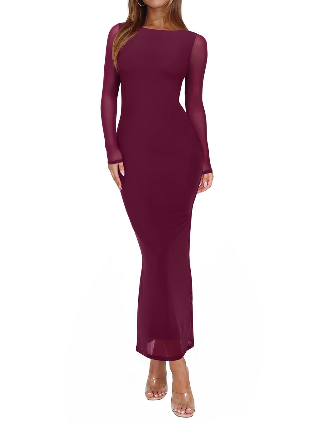 REORIA Women's Fall Mesh Sheer Long Sleeve Wedding Guest Dress Sexy Floral Bodycon Maxi Long Dresses