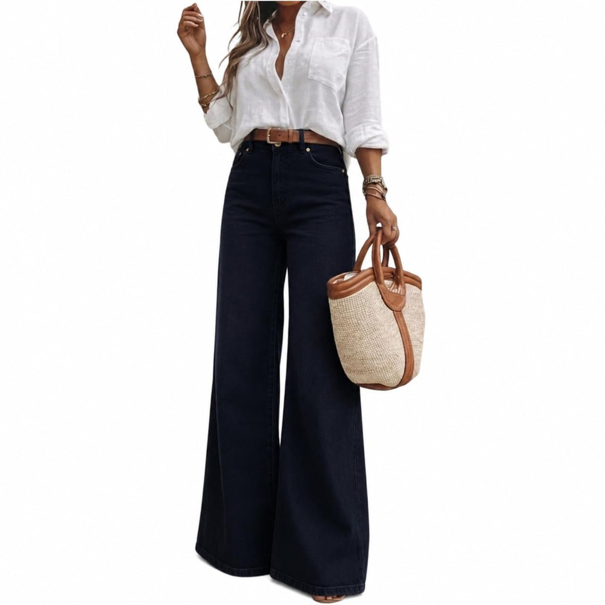 Women's High Waisted Wide Leg Jeans Classic 5-Pocket Dark Wash Long Bootcut Denim Pants for Casual Office Work