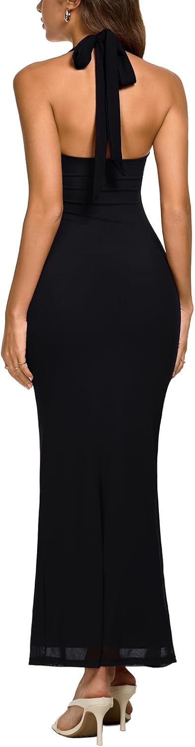 REORIA Women's Sleeveless Mesh Sheer Wedding Guest Maxi Dresses