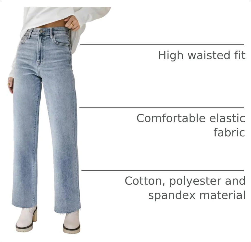 KDF Straight Leg Jeans for Women High Waisted Frayed Baggy Pants Stretchy Cropped Wide Leg Jeans