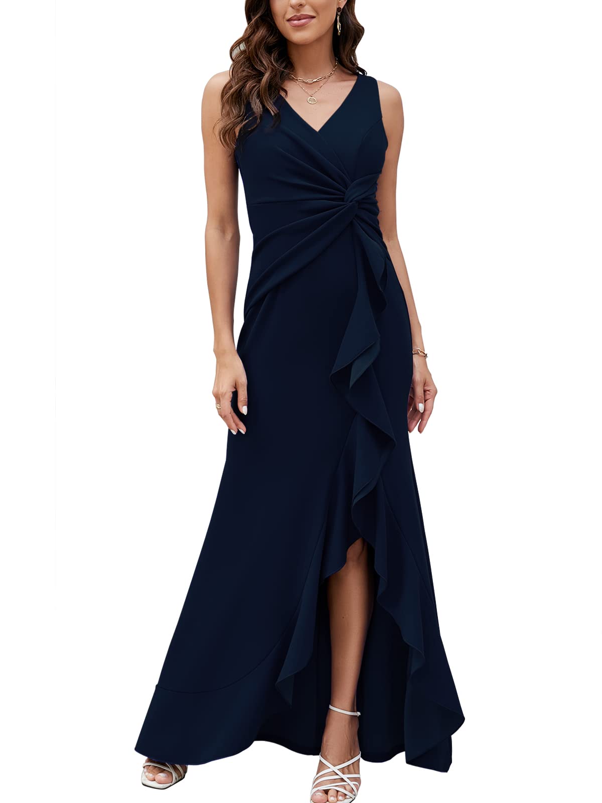 FQA Formal Evening Dresses for Women Elegant Evening Party Prom Dress Long Sexy V Neck Sleeveless Split Wrap