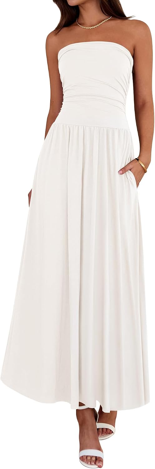 BTFBM Summer Maxi Dresses for Women Strapless Tube Top Dress