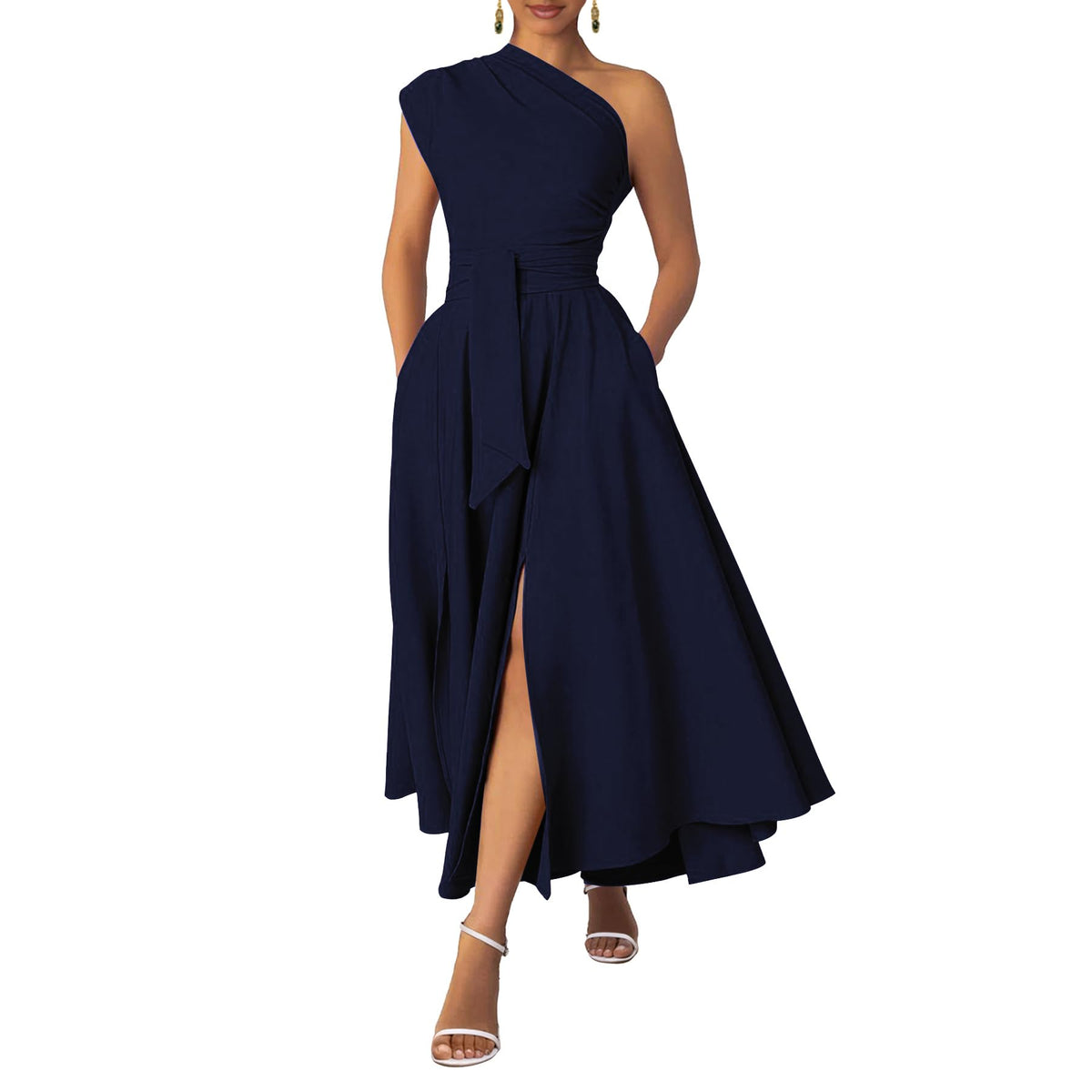 Ekaliy Women's One Shoulder Belted Maxi Dress Formal Wedding Guest Dress