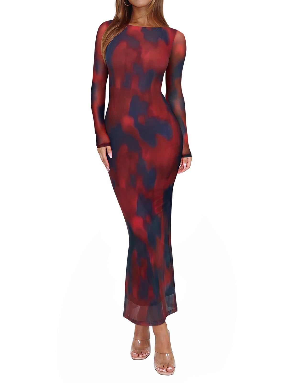 REORIA Women's Fall Mesh Sheer Long Sleeve Wedding Guest Dress Sexy Floral Bodycon Maxi Long Dresses