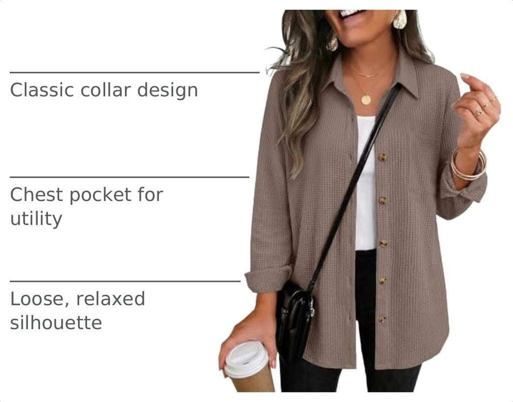 Zeagoo Womens Waffle Knit Shacket Button Down Long Sleeve Tops with Pocket