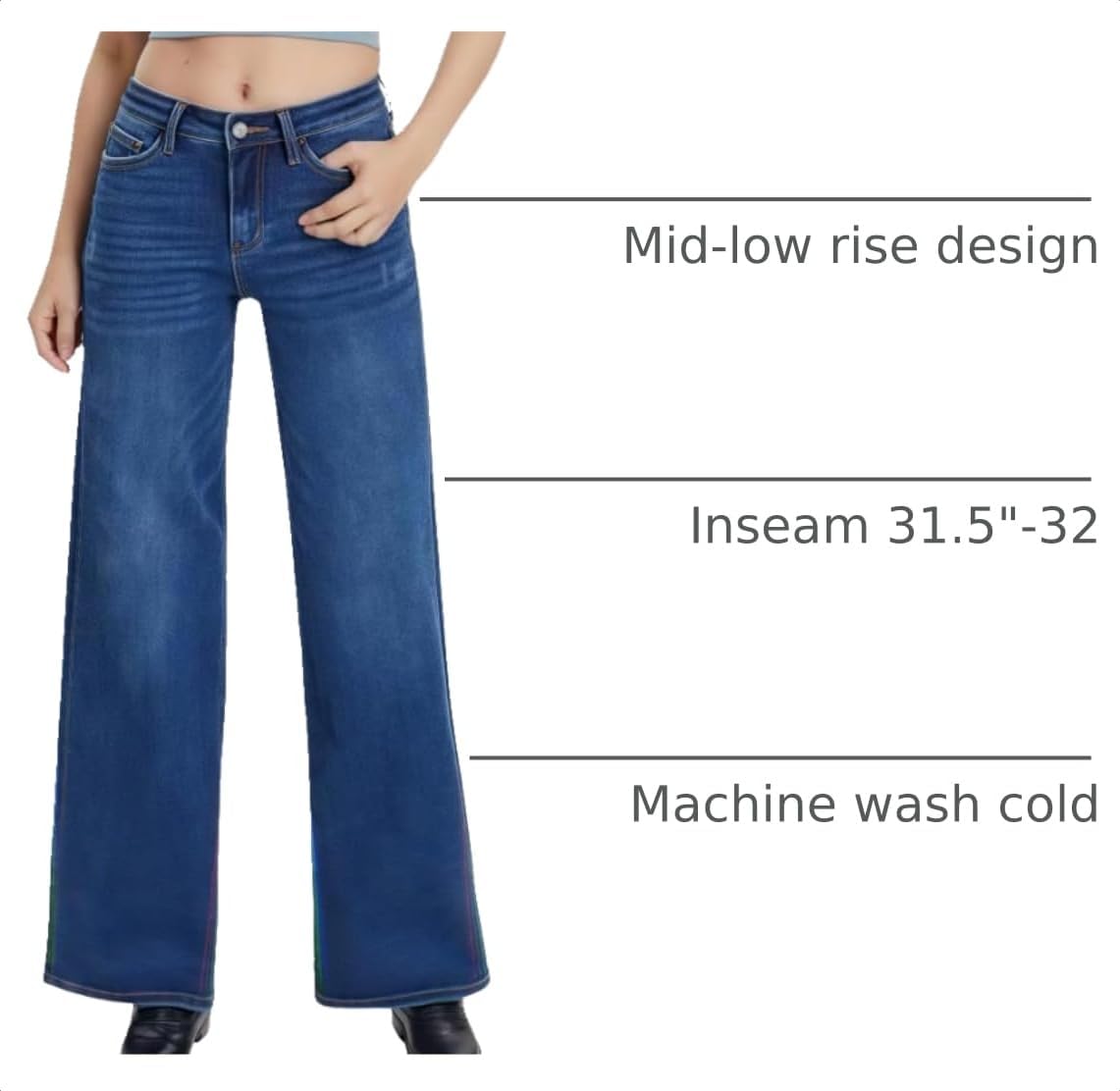 ONESO Wide Leg Jeans for Women Mid Low Rise Baggy Stretchy Denim Pants