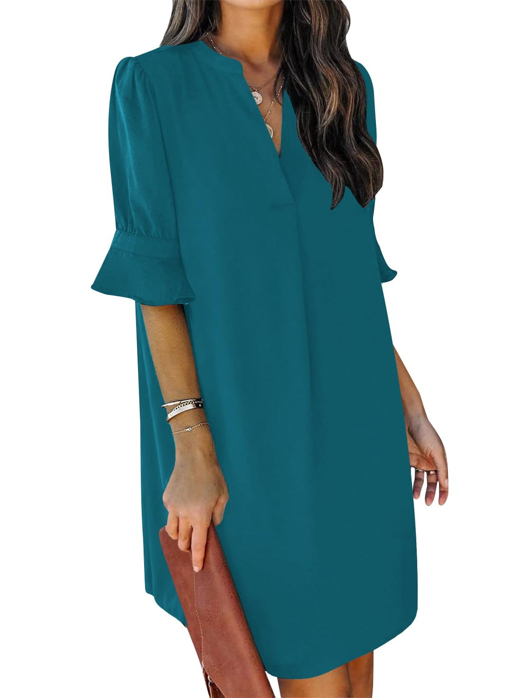 QACOHU Summer Dresses for Women V Neck Ruffle Short Sleeve Shift Dress