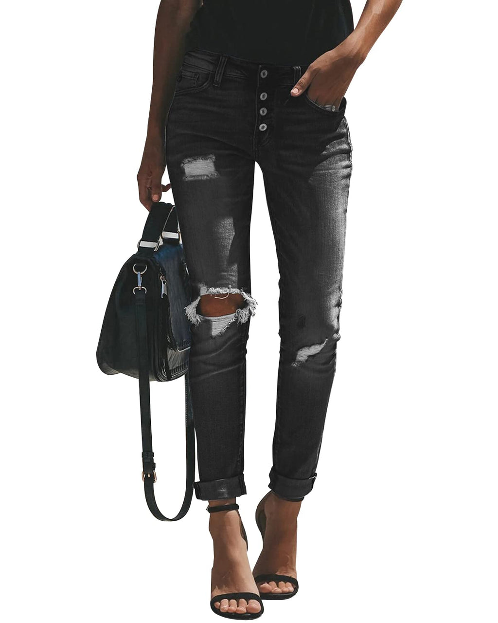 KUNMI Women's Ripped Mid Waisted Boyfriend Jeans Loose Fit Distressed Stretchy Denim Pants