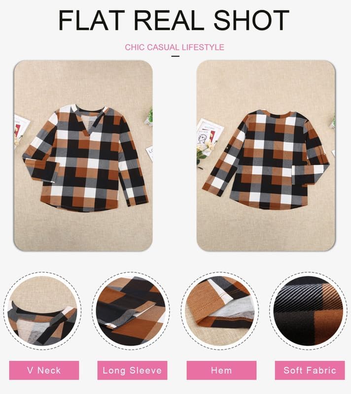 Dokotoo Womens Tops Plaid Cotton Cuffed 3/4 Sleeve Shirts Blouses