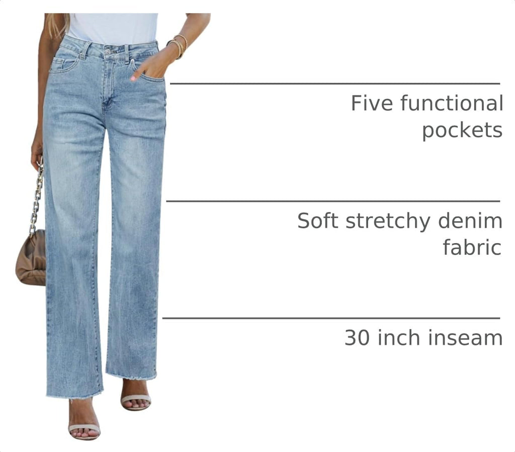 GRAPENT Straight Leg Jeans for Women High Waisted Stretchy Frayed Raw Hem Loose Denim Pants Casual Baggy Jean Trousers